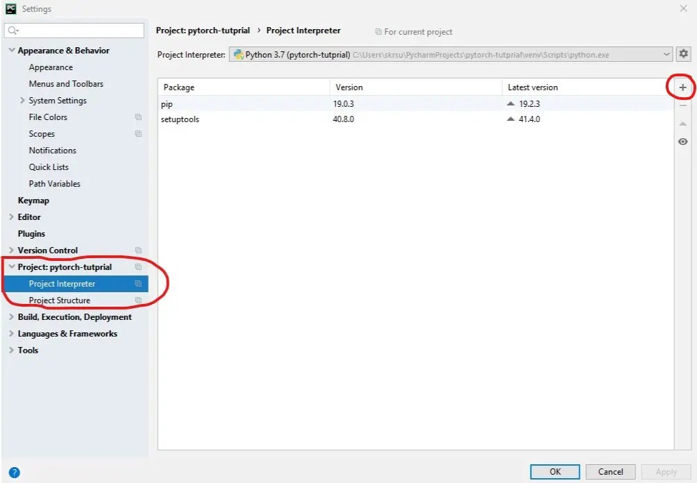 project interpreter window