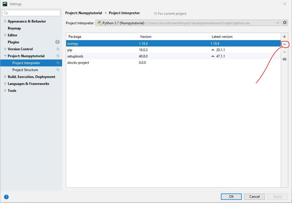 Uninstalling Numpy from Pycharm part 2