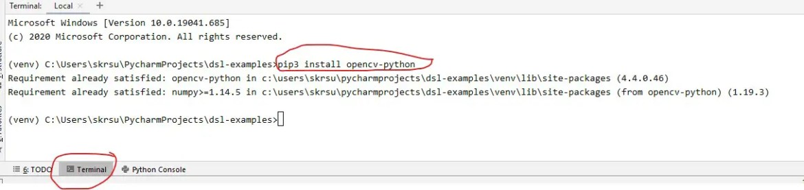 Installing OpenCV using pip inside the Pycharm