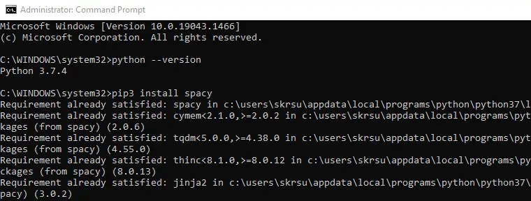 Installing spacy in windows