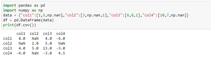Finding covariance for the entire dataframe with NaN values