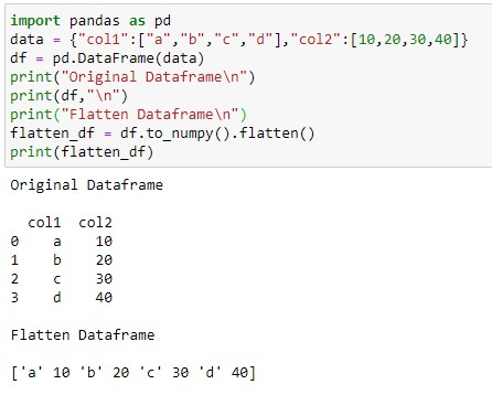 Fatten Dataframe using the Numpy flatten method