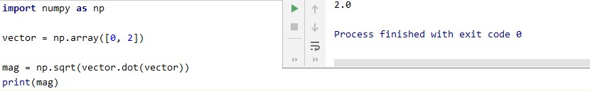 Magnitude of a vector using the nump dot and sqrt method