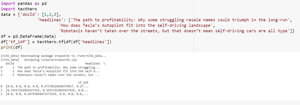 Tfidf of words using the texthero module