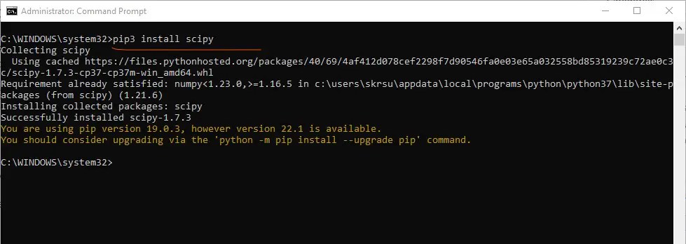 Installing scipy module in command prompt