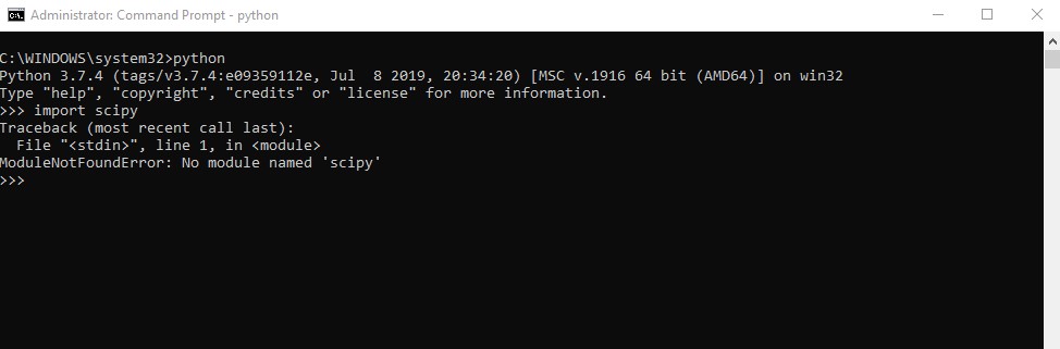 No module named scipy error inside the command prompt