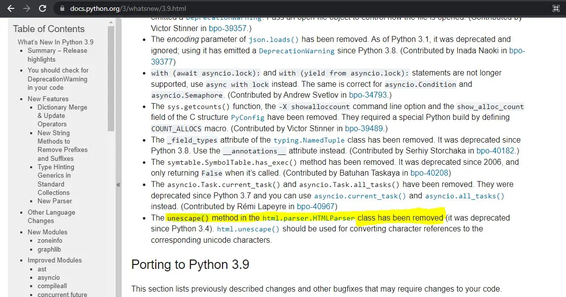 Attributeerror htmlparser object has no attribute unescape
