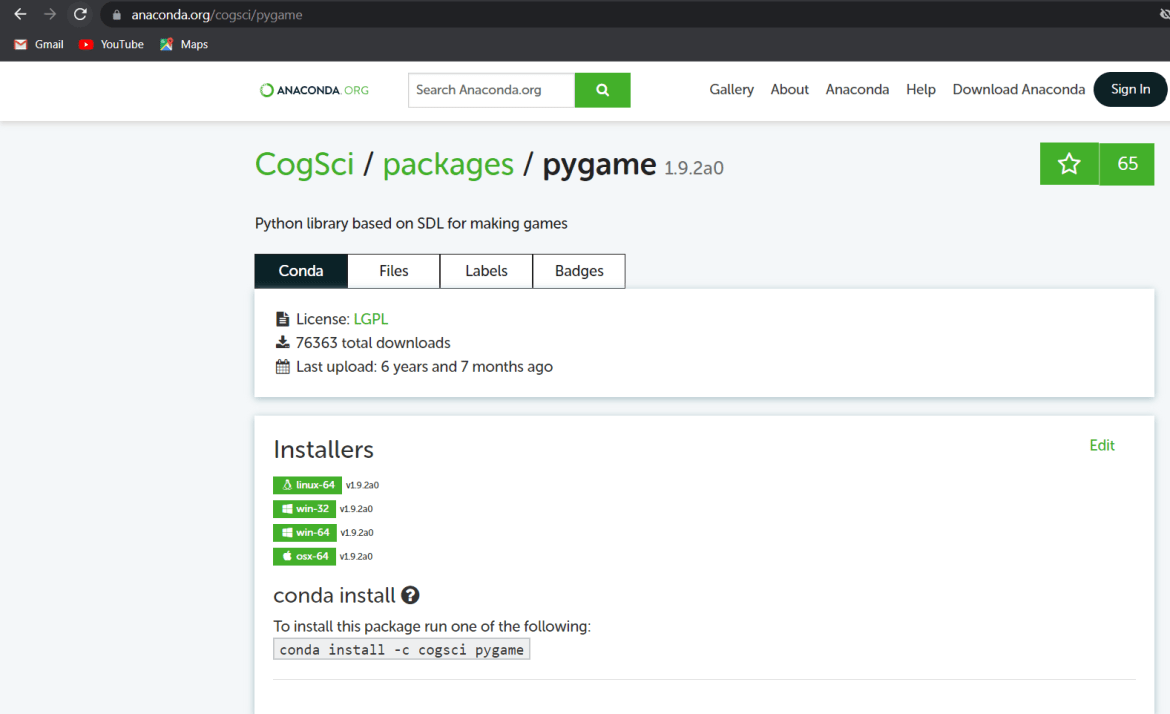 pygame installation with conda
