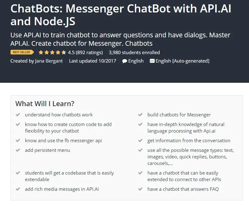 ChatBots Messenger ChatBot with API.AI and Node.JS Udemy post image