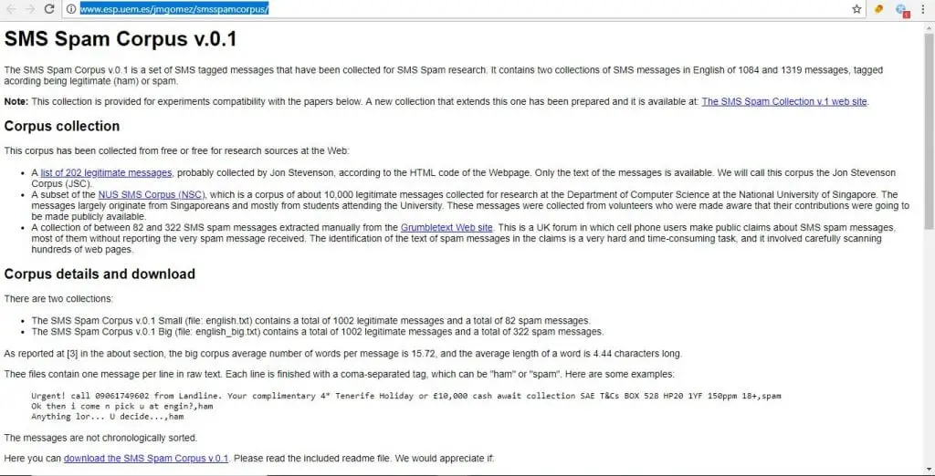 datasets for machine learning pojects spam