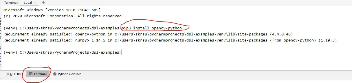 Installing OpenCV using pip inside the Pycharm