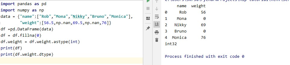 Removing rows containing NaN with o and converting float to int