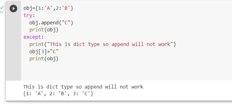dict has no attribute append solution using try and except