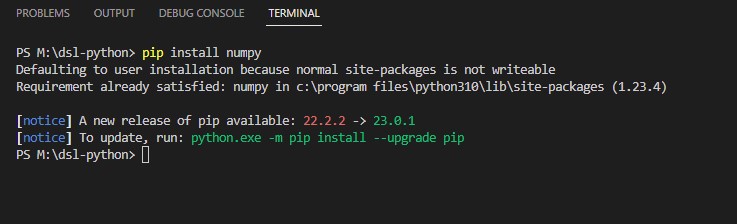 Installing numpy using pip command